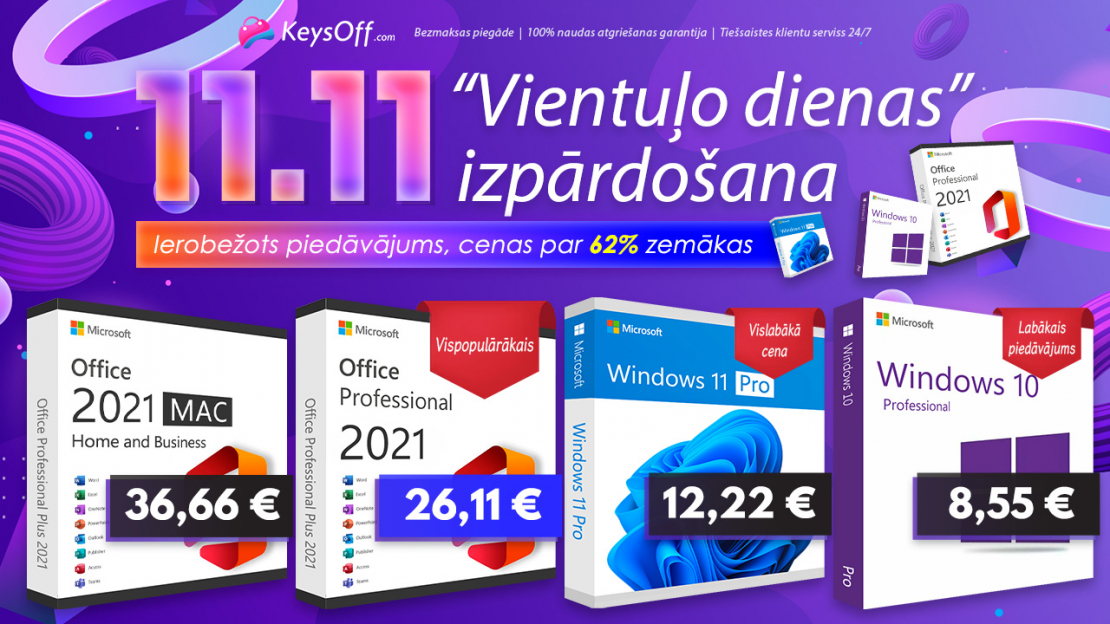 Keysoff nodrošina jūs ar lētāko programmatūru Dubultajā 11 -nieku dienā! Iegūstiet Office 2021 Pro par 15,11 EUR/datorā!