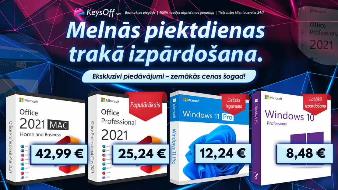 Trakā melnās piektdienas izpārdošana! Office 2021 un Windows 10 Pro sākot no 7 EUR!