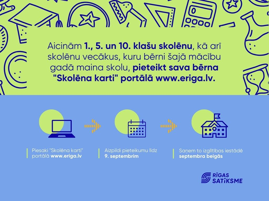 “Rīgas satiksme” aicina Rīgas 1., 5., un 10. klašu skolēnu vecākus portālā www.eriga.lv pieteikties “Skolēna kartei”